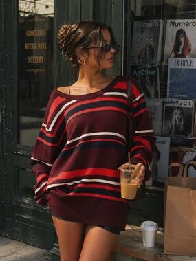 GAP Burgundy & White Lightweight Striped Oversized Sweater Y2K Scandi Preppy XXL
